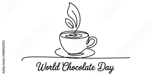 A continuous line drawing of a steaming cup of hot chocolate celebrating world chocolate day event Vector, illustration
