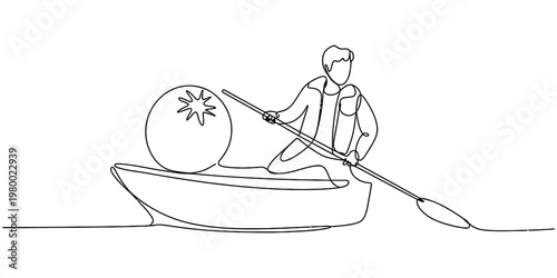 A single continuous line drawing of a person rowing a boat with a large tomato on board the vessel. Vector, illustration