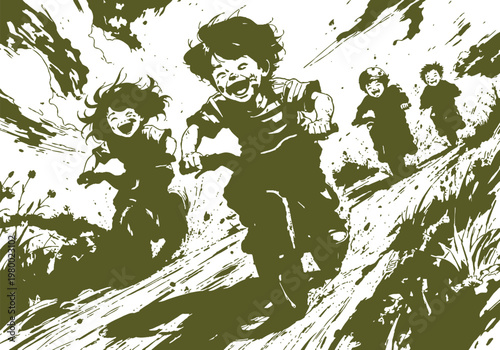 Wild Kids Running Down Grassy Hill Together