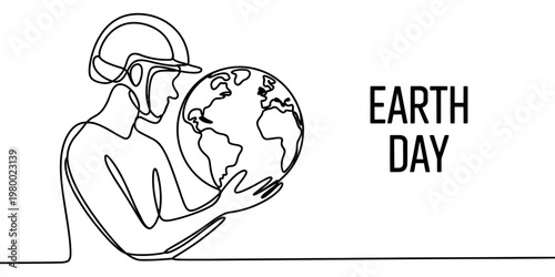 Continuous line drawing of a construction worker holding the world to celebrate global earth day Vector, illustration