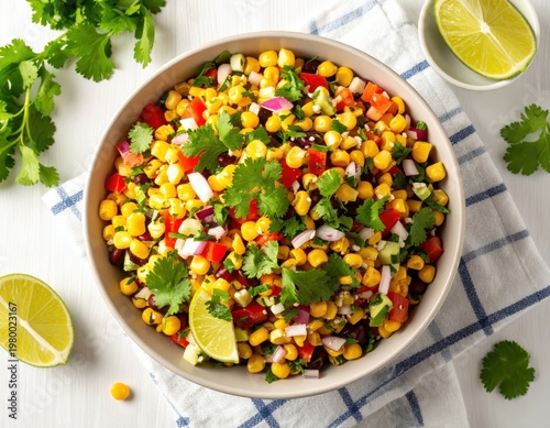 Fresh colorful corn salad with chopped vegetables cilantro lime and lemon slices served in a bowl on checkered cloth for healthy nutritious meal