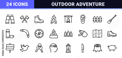 Minimalist hiking adventure line icons set for camping and outdoors