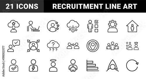 Minimalist hiring and sourcing line icons for recruitment and human resources.