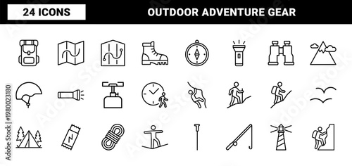 Minimalist nature hiking and mountain trekking line icons