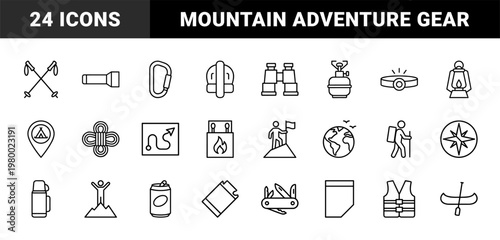 Outdoor hiking and camping minimalist line icons for mountain adventure and trekking
