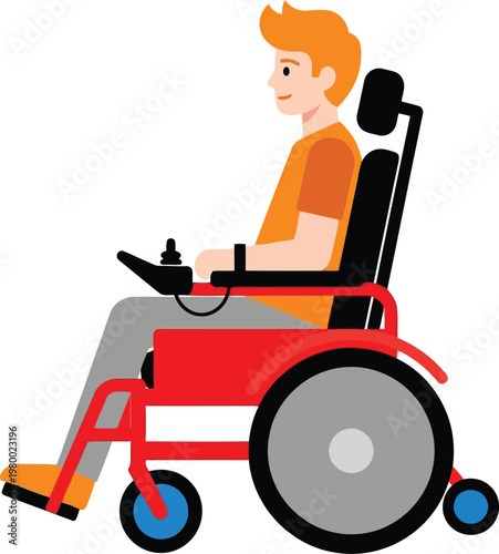 Young man with orange hair in electric wheelchair, smiling, side view, person with disability, modern mobility device