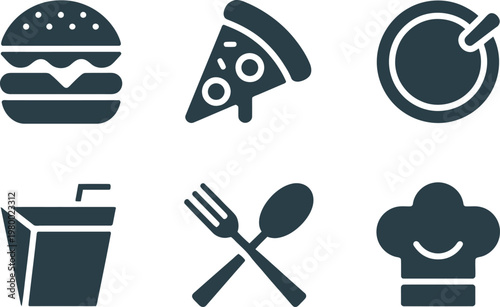 Delicious fast food items including burger pizza beverage cutlery and chef hat for restaurant menu icons