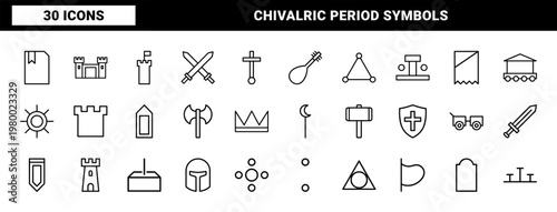 Chivalric period medieval outline icons with castle and weaponry symbols