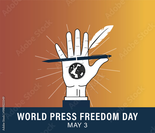 World press freedom day concept illustration with hand holding a pen and a quill over a globe.