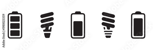 Set of battery charge levels and energy saving fluorescent light bulb icons in black style