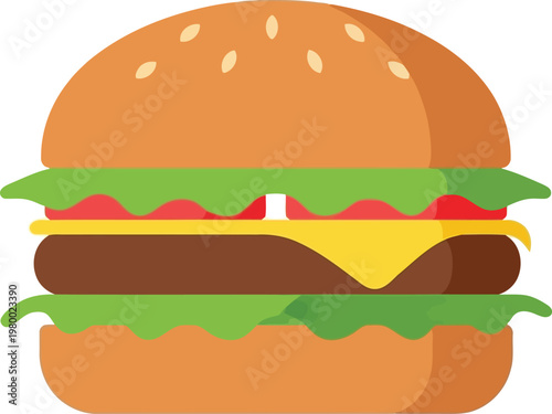 Stylized hamburger vector graphic with lettuce tomato cheese and bun on transparent background isolated for design