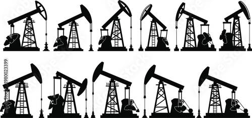 Oil pump jack silhouette collection featuring industrial crude oil extraction machinery for fuel energy production petroleum industry and global resource vector illustration