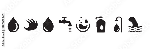 Black water icon set containing droplets faucets bowl shower soap bottle and shark fin in wave