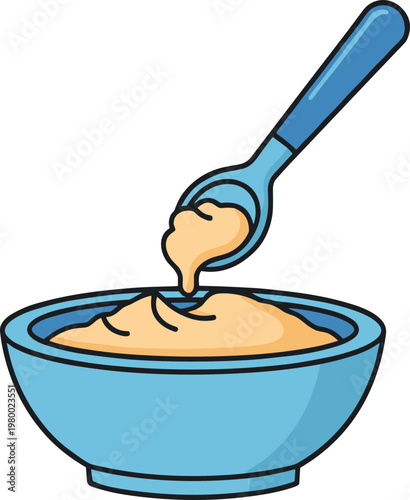 Blue bowl with spoon and porridge.