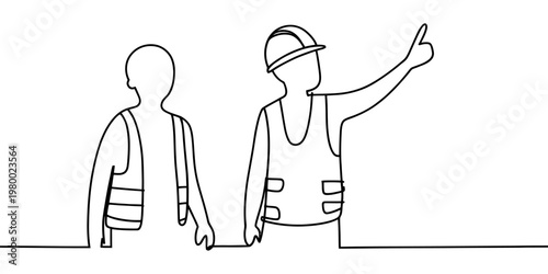 Continuous line drawing of two construction workers in safety vests looking at a building site Vector, illustration