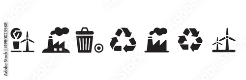 Industrial waste factory wind energy and recycling symbol icons set for green energy themes