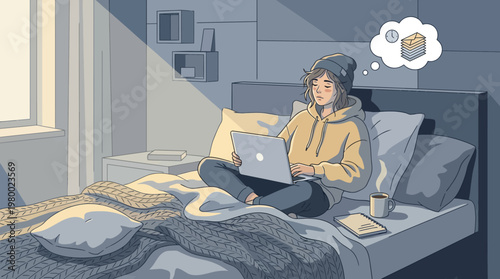 Young Adult Working Remotely from Bed Soft Lighting Flat Vector