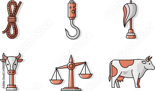 Cow and farm tools icons set.