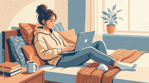 Casual Work from Bed Lifestyle Illustration with Laptop and Pillow Scene
