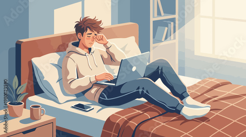 Modern Remote Work Setup with Young Professional in Bed Vector Illustration