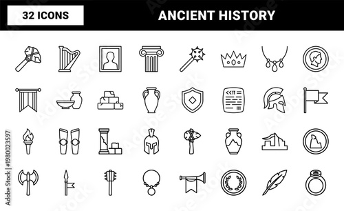 Ancient history line icons set for archaeology and antiquity research