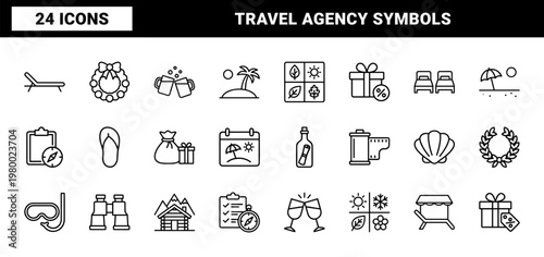 Minimalist summer travel and holiday outline icon set