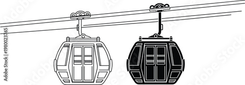 Outline and Solid Design of a Gondola Cable Car for Transportation, Ski Resort, and Mountain Travel Illustrations
