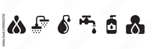 Water hygiene and personal care icon set featuring showerheads soap and body silhouette