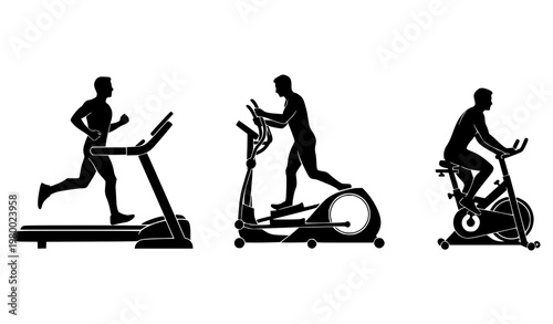 Cardio fitness silhouettes with treadmill elliptical and stationary bike workout vector set