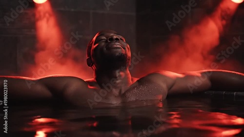 Man Relaxing in a Hot Tub under Warm Lighting
