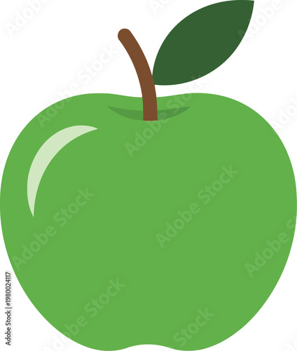 Green apple with brown stem and single leaf on transparent background vector illustration