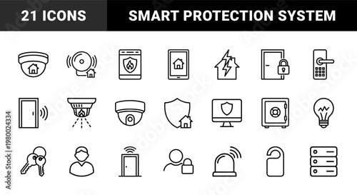 Smart home security linear icons set for protection and surveillance