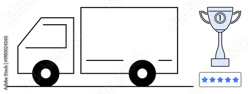 Delivery service concept. Minimalist lineart logistic truck, first-place trophy, and five-star rating highlight efficiency and top-quality delivery service. Perfect for shipping, logistics, awards