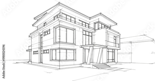 Modern architectural building sketch contemporary villa house exterior design with geometric lines luxury residential property drawing illustration blueprint concept