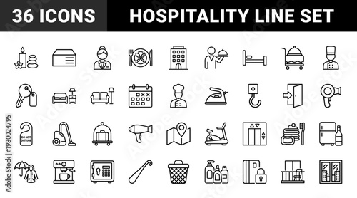 Hotel services line icons for hospitality and travel apps