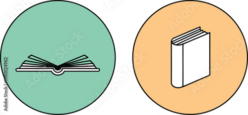 Open and closed hardcover books displayed as simple icons on colorful circular shapes for educational projects