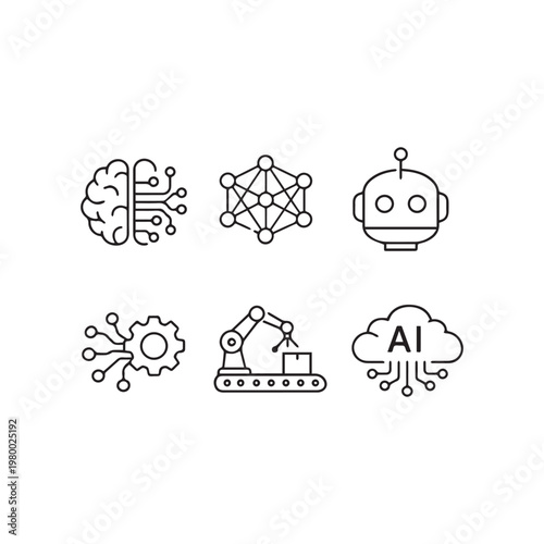  Artificial Intelligence Line Icon Set  Machine Learning, Neural Network, Robot and Automation Outline Icons