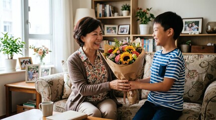 Happy mother receiving flowers from son.