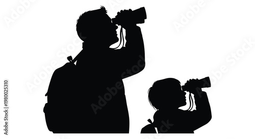 Father and son observing with binoculars a striking black silhouette