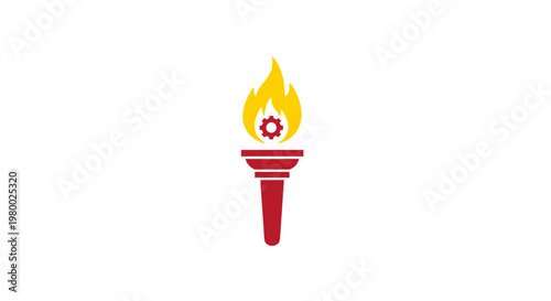 Olympic torch with flame and gear.