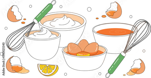 Vector Illustration of Ingredients and Kitchen Tools for Baking, Featuring Eggs, Cream, and Whisk