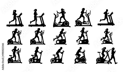 Cardio machine silhouette collection with treadmill elliptical and stationary bike vector set