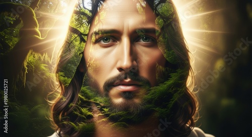 Jesus Christ Double Exposure Forest Nature Portrait