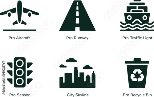 Set of transportation and logistics icons featuring airplanes roads cruise ships traffic lights cities and recycling