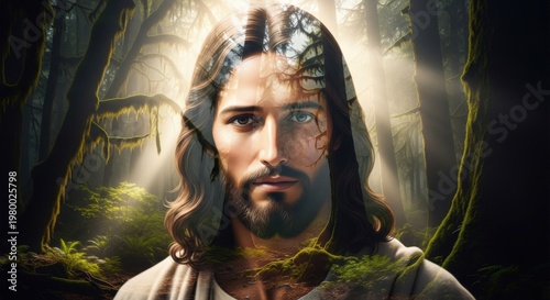 Jesus Christ portrait in a mystical forest