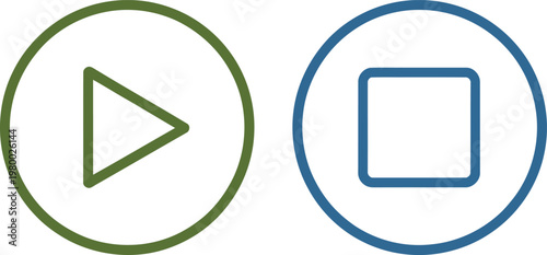 Green play button and blue stop button interface icons for media player navigation control system