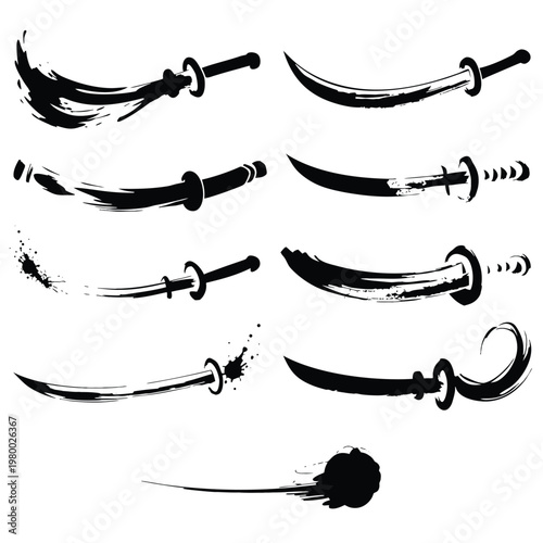 Traditional Japanese Sumi-e Katana Samurai Sword and Ink Splash Set