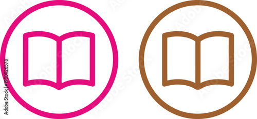 Two circular icons featuring open book symbols in vibrant pink and earthy brown outline styles