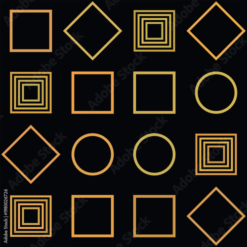 A colorful arrangement of geometric shapes on a with yellow and orange lines forming squares and circles