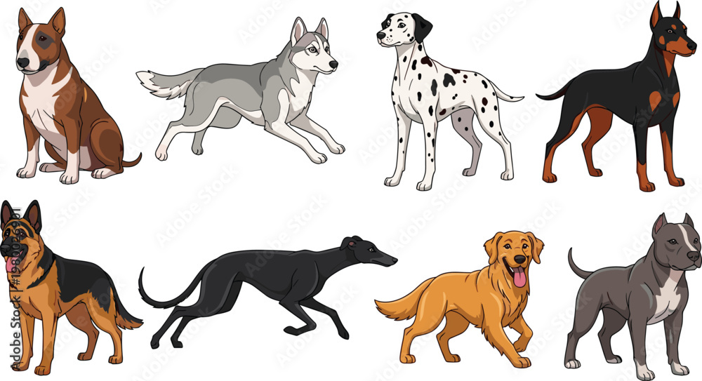 Obraz premium Dog Breeds Collection Featuring Husky Dalmatian Doberman and Mixed Dogs in Standing Side View Flat Cartoon Style Vector Illustration for Pet Design.